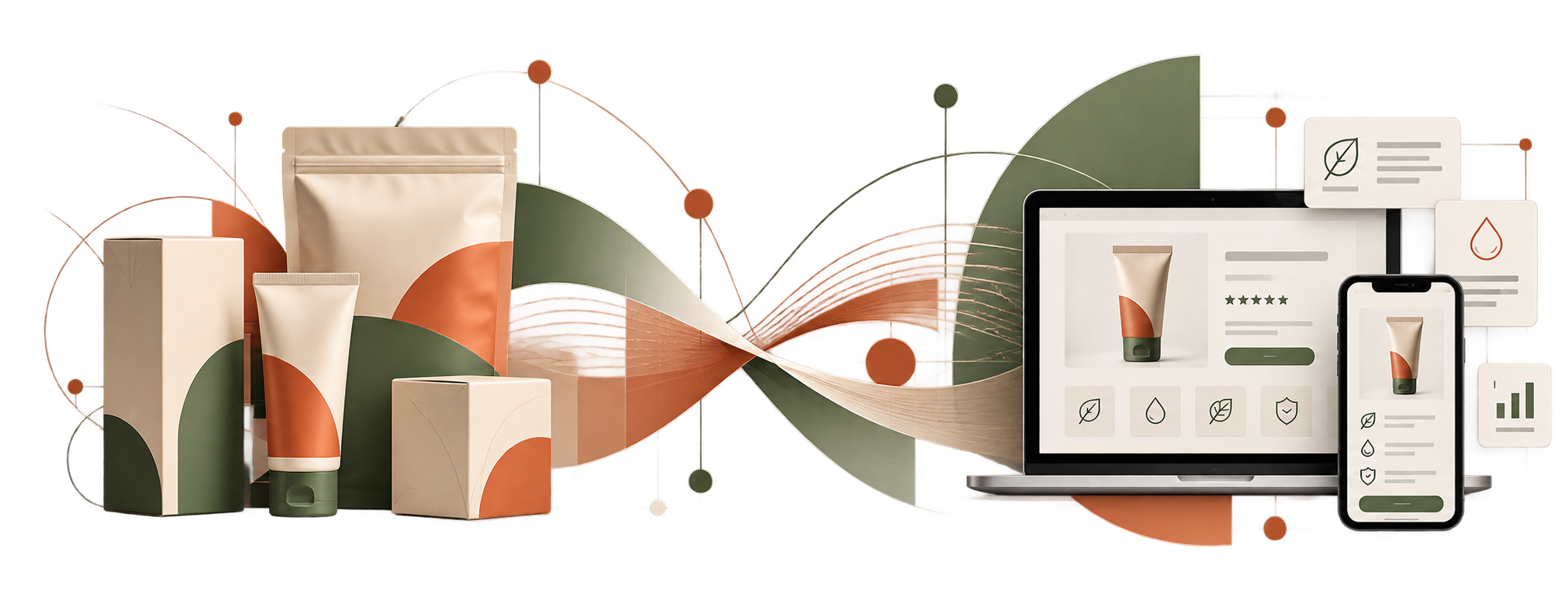 Abstract visual connecting physical packaging with digital product screens and symbolic eContent icons